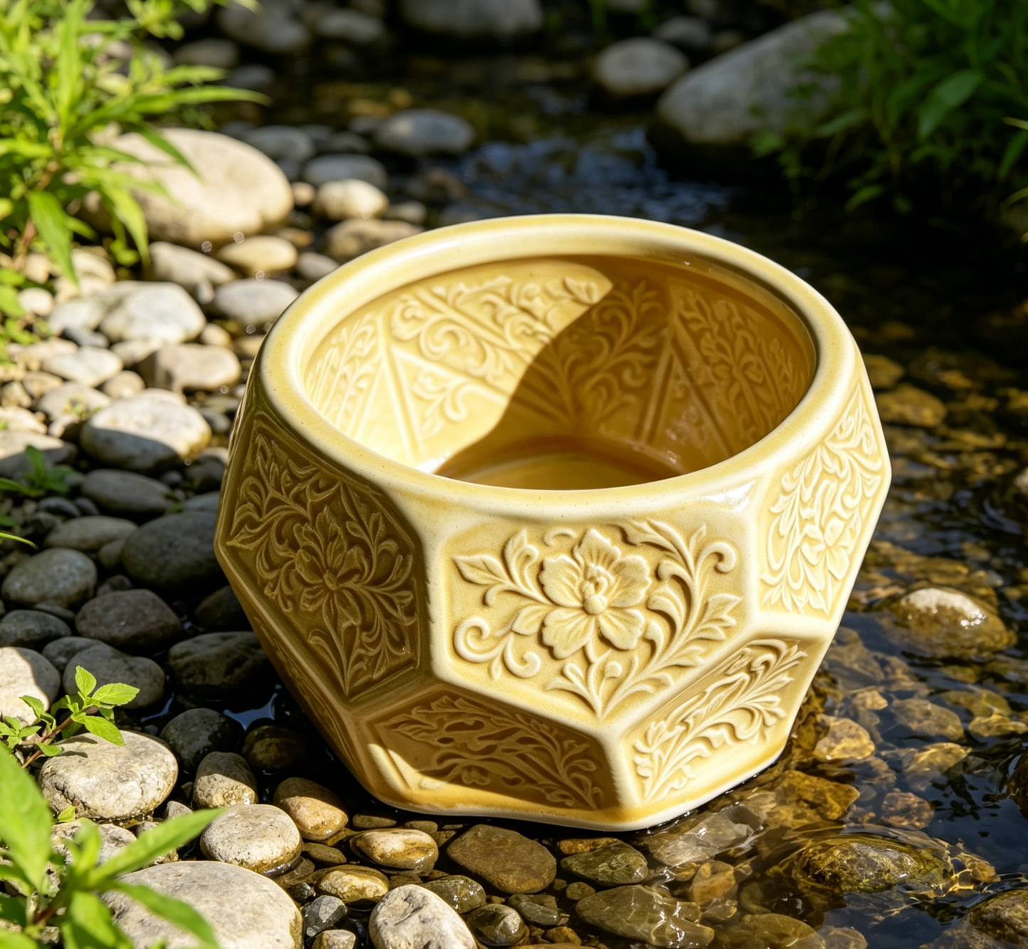 Vintage Yellow Embossed Octagonal Ceramic Plant Pot - Retro Floral Relief Succulent Planter