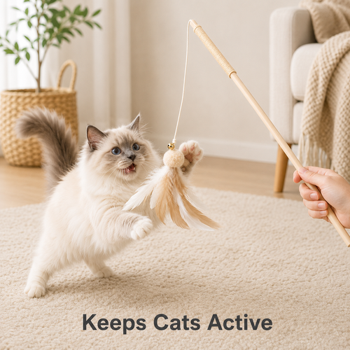Interactive Cat Teaser Wand with Soft Feathers, Bell Detail & Comfort Grip Handle