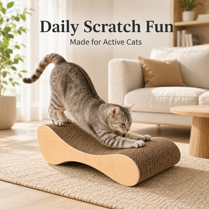 Modern Curved Cat Scratcher Lounge with Thick Corrugated Cardboard & Smooth Wood-Style Side Panels