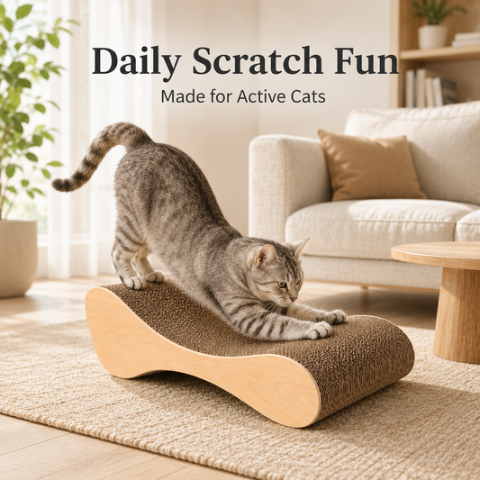 Modern Curved Cat Scratcher Lounge with Thick Corrugated Cardboard & Smooth Wood-Style Side Panels