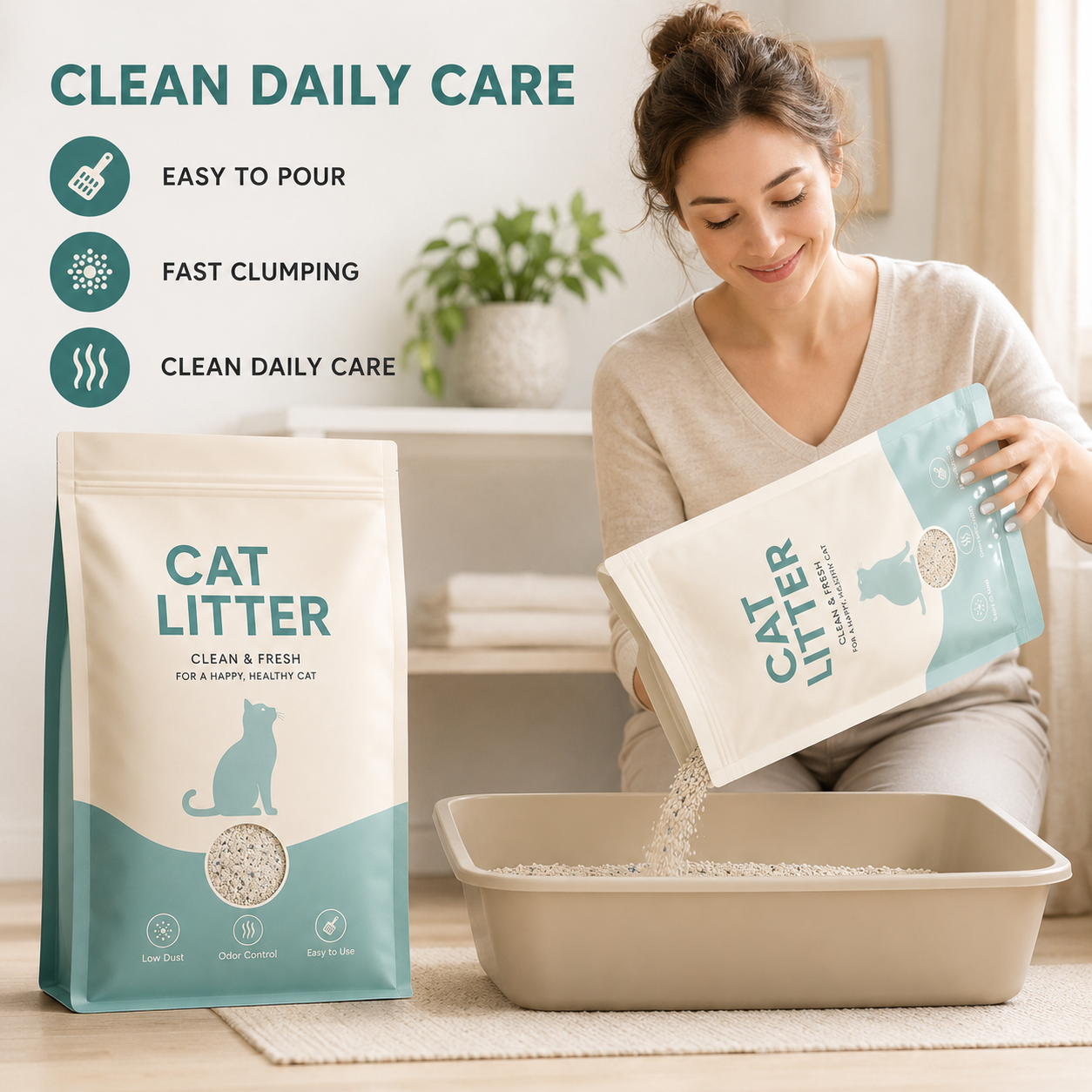 Low-Dust Clumping Cat Litter – Fine Texture Granules with Odor Control, Easy Scooping & Fresh Daily Care for Cats