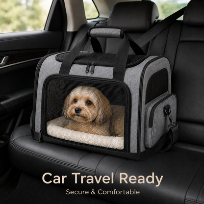 Portable Pet Car Travel Carrier – Soft-Sided Breathable Pet Bag with Mesh Windows, Padded Strap and Cozy Interior for Cats and Small Dogs