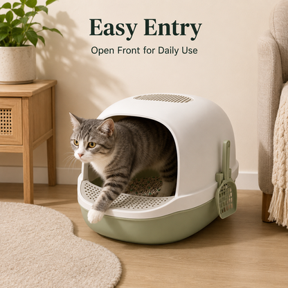 Modern Open-Entry Cat Litter Box with Removable Base, Top Vent, Litter Step & Side Scoop
