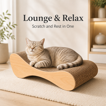 Modern Curved Cat Scratcher Lounge with Thick Corrugated Cardboard & Smooth Wood-Style Side Panels