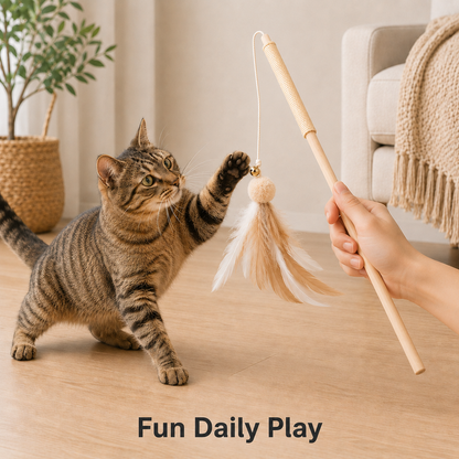 Interactive Cat Teaser Wand with Soft Feathers, Bell Detail & Comfort Grip Handle