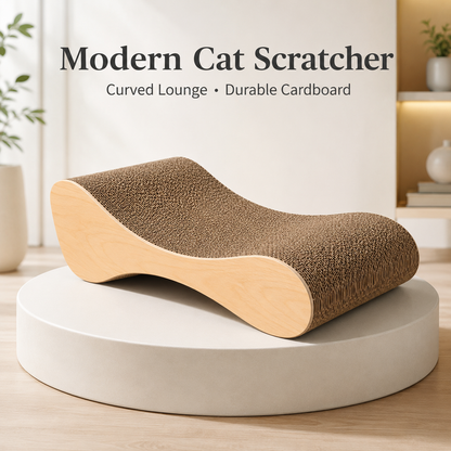 Modern Curved Cat Scratcher Lounge with Thick Corrugated Cardboard & Smooth Wood-Style Side Panels