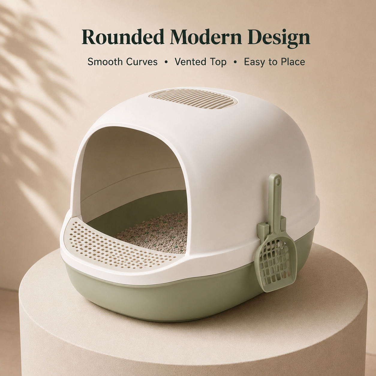 Modern Open-Entry Cat Litter Box with Removable Base, Top Vent, Litter Step & Side Scoop