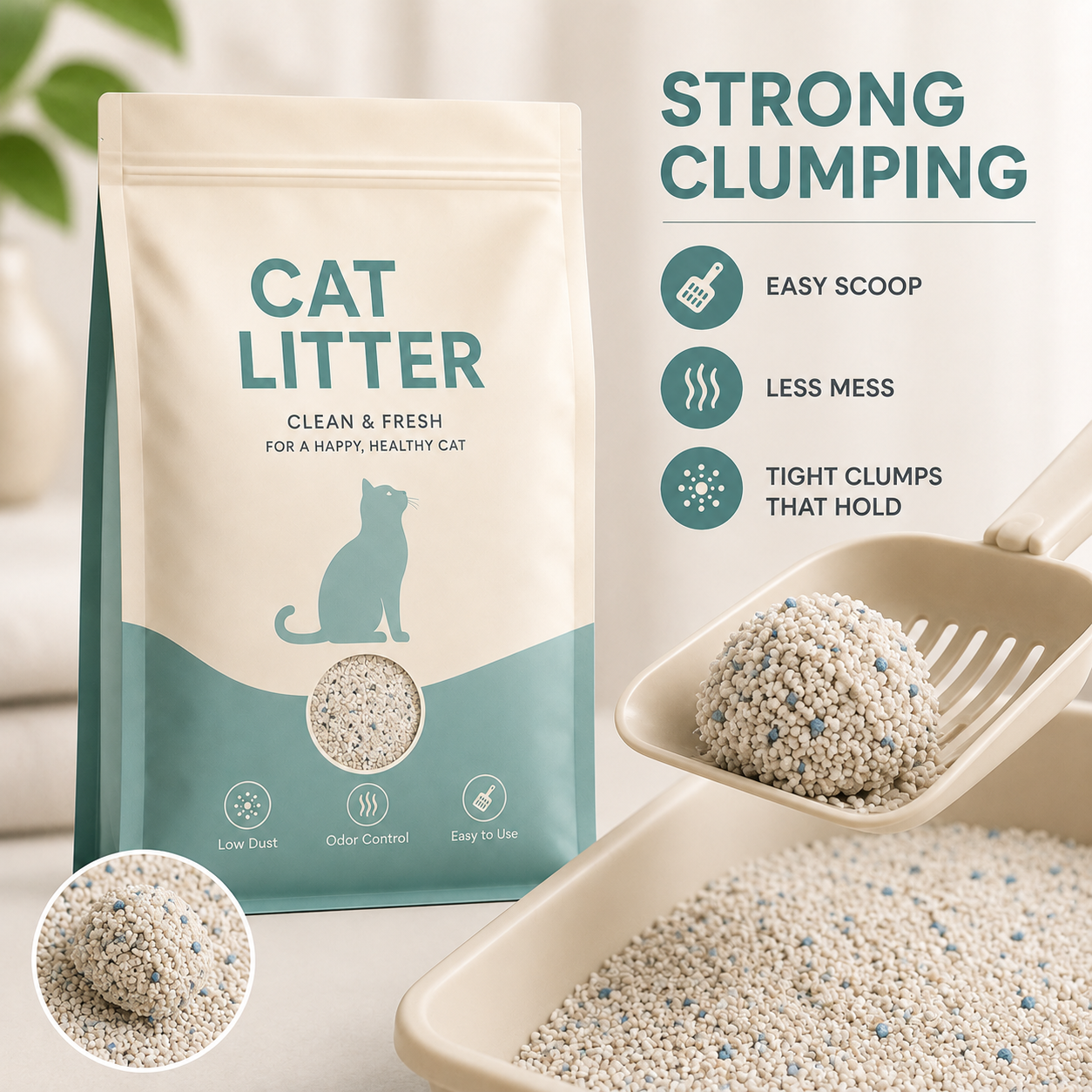 Low-Dust Clumping Cat Litter – Fine Texture Granules with Odor Control, Easy Scooping & Fresh Daily Care for Cats