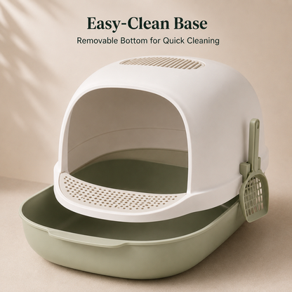 Modern Open-Entry Cat Litter Box with Removable Base, Top Vent, Litter Step & Side Scoop