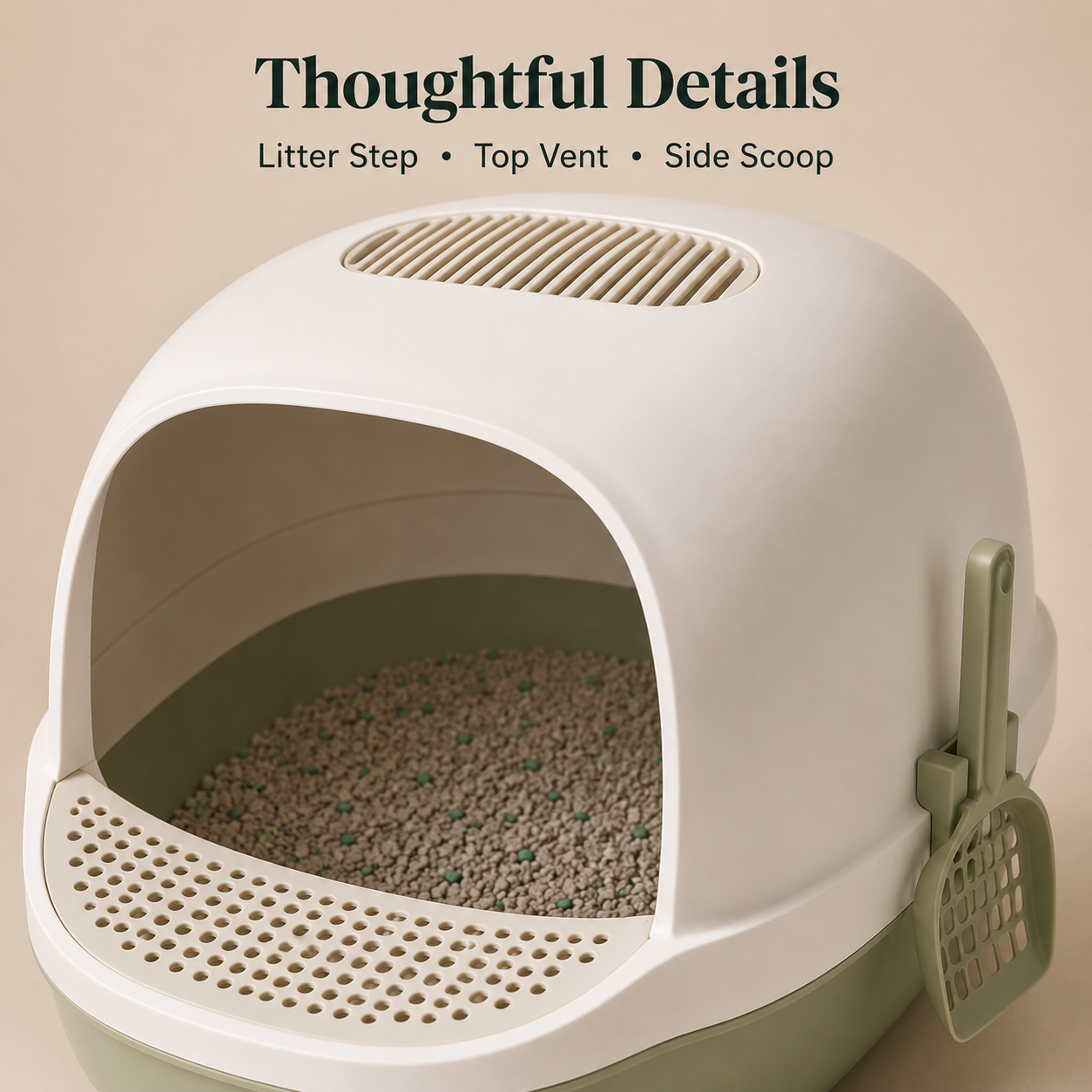 Modern Open-Entry Cat Litter Box with Removable Base, Top Vent, Litter Step & Side Scoop