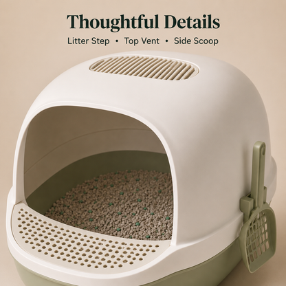 Modern Open-Entry Cat Litter Box with Removable Base, Top Vent, Litter Step & Side Scoop