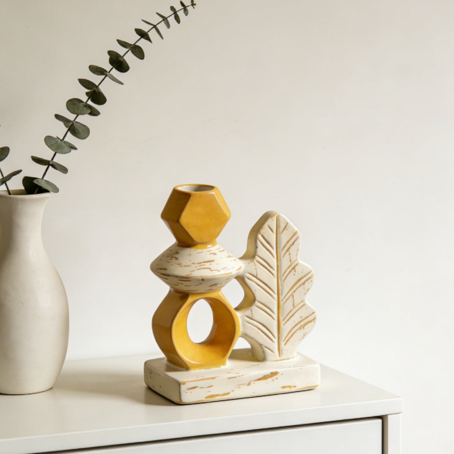 Yellow & White Geometric Leaf Candle Holder - Handcrafted Ceramic Taper Holder with Leaf Accent