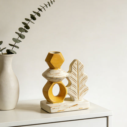 Yellow & White Geometric Leaf Candle Holder - Handcrafted Ceramic Taper Holder with Leaf Accent