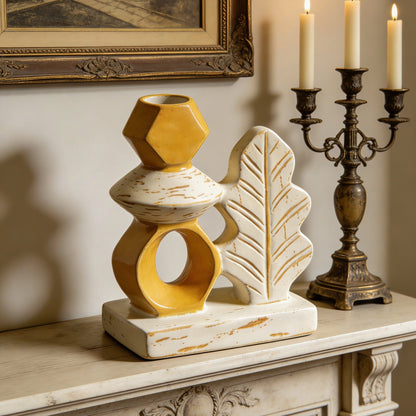 Yellow & White Geometric Leaf Candle Holder - Handcrafted Ceramic Taper Holder with Leaf Accent