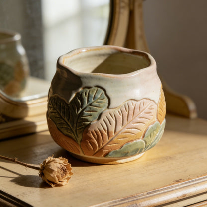 Gradient Colorful Leaf Ceramic Cup - Hand-Painted Embossed Foliage Decorative Pot