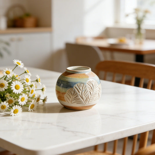 Gradient Colorful Leaf Small Bud Vase - Hand-Carved Foliage Ceramic Vase for Daisies