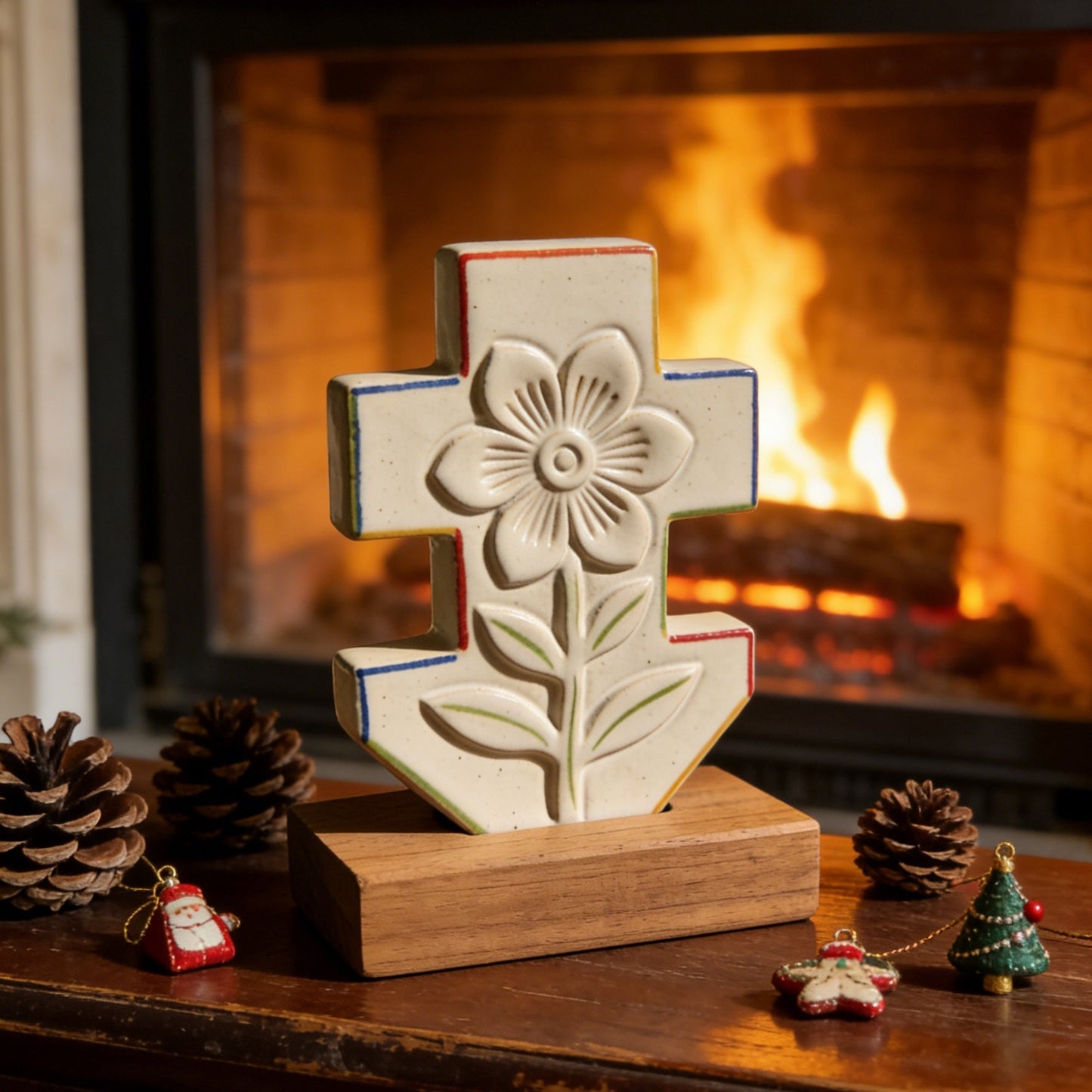 Floral Cross Ceramic Decor with Wooden Base - Hand-Painted Religious Tabletop Ornament