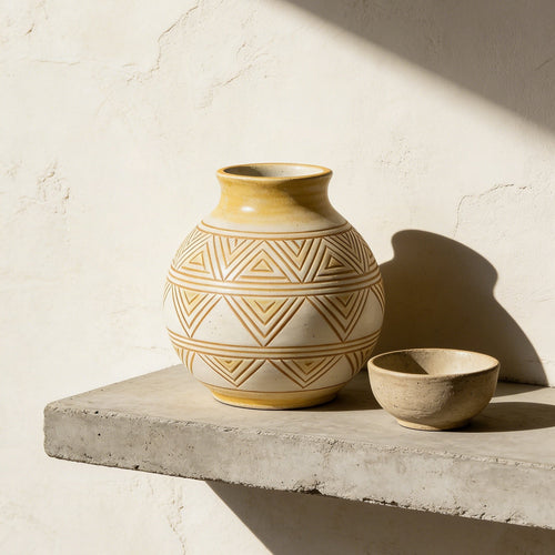 Triangle Pattern Yellow & White Ceramic Vase - Hand-Carved Geometric Bud Vase