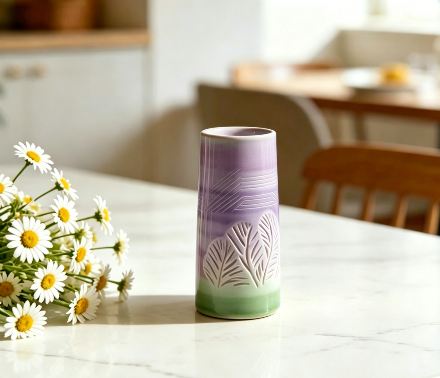 Gradient Purple-Green Embossed Ceramic Vase - Hand-Carved Leaf Pattern Modern Home Floral Vase