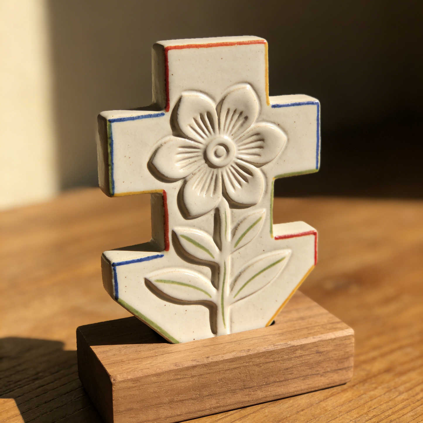 Floral Cross Ceramic Decor with Wooden Base - Hand-Painted Religious Tabletop Ornament