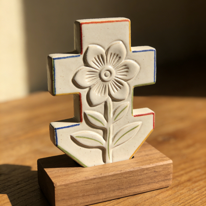 Floral Cross Ceramic Decor with Wooden Base - Hand-Painted Religious Tabletop Ornament