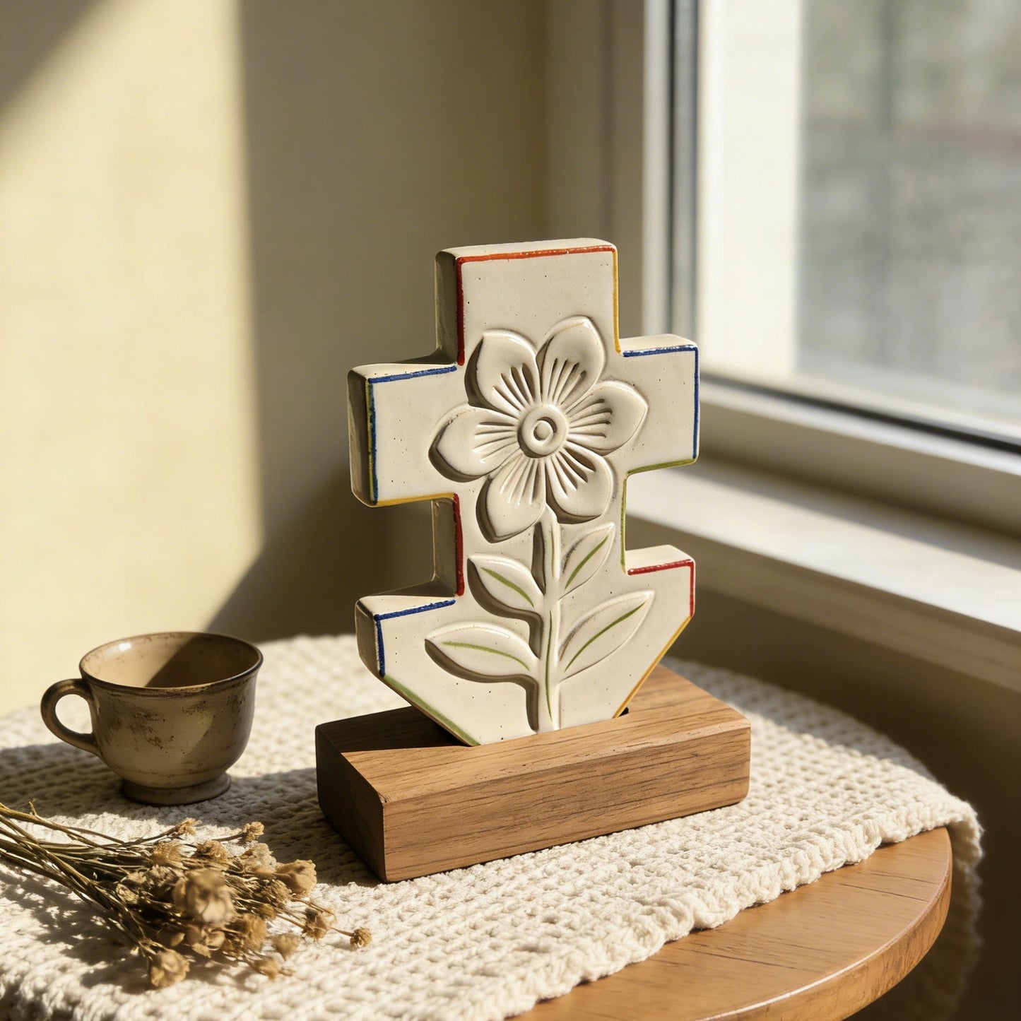 Floral Cross Ceramic Decor with Wooden Base - Hand-Painted Religious Tabletop Ornament