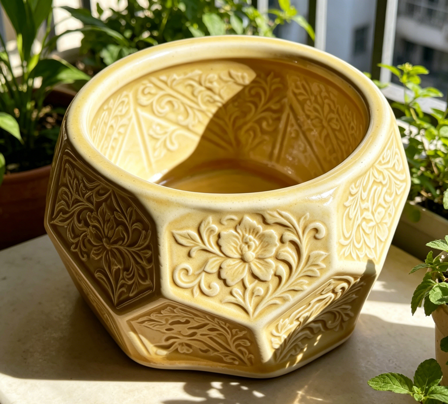 Vintage Yellow Embossed Octagonal Ceramic Plant Pot - Retro Floral Relief Succulent Planter
