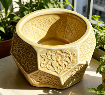 Vintage Yellow Embossed Octagonal Ceramic Plant Pot - Retro Floral Relief Succulent Planter