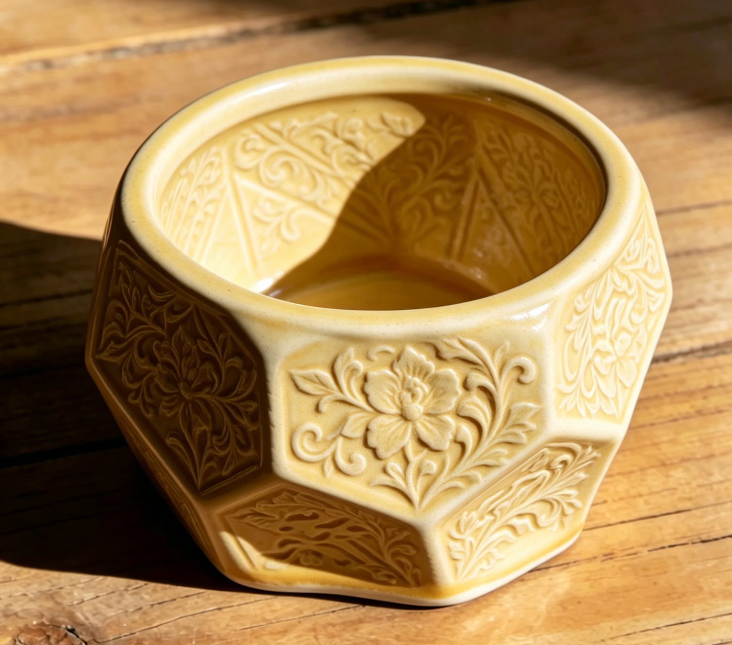 Vintage Yellow Embossed Octagonal Ceramic Plant Pot - Retro Floral Relief Succulent Planter