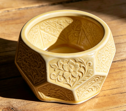 Vintage Yellow Embossed Octagonal Ceramic Plant Pot - Retro Floral Relief Succulent Planter