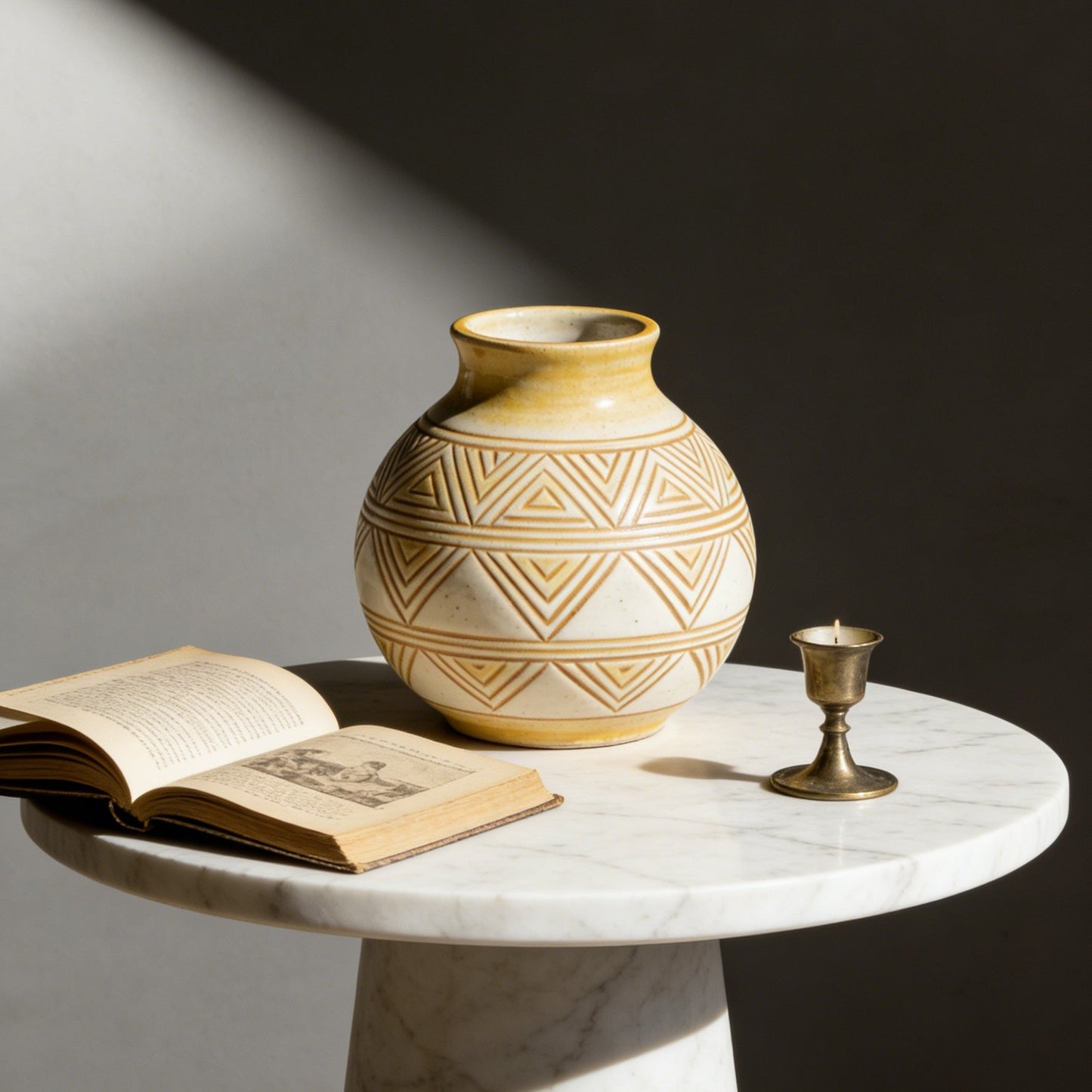 Triangle Pattern Yellow & White Ceramic Vase - Hand-Carved Geometric Bud Vase
