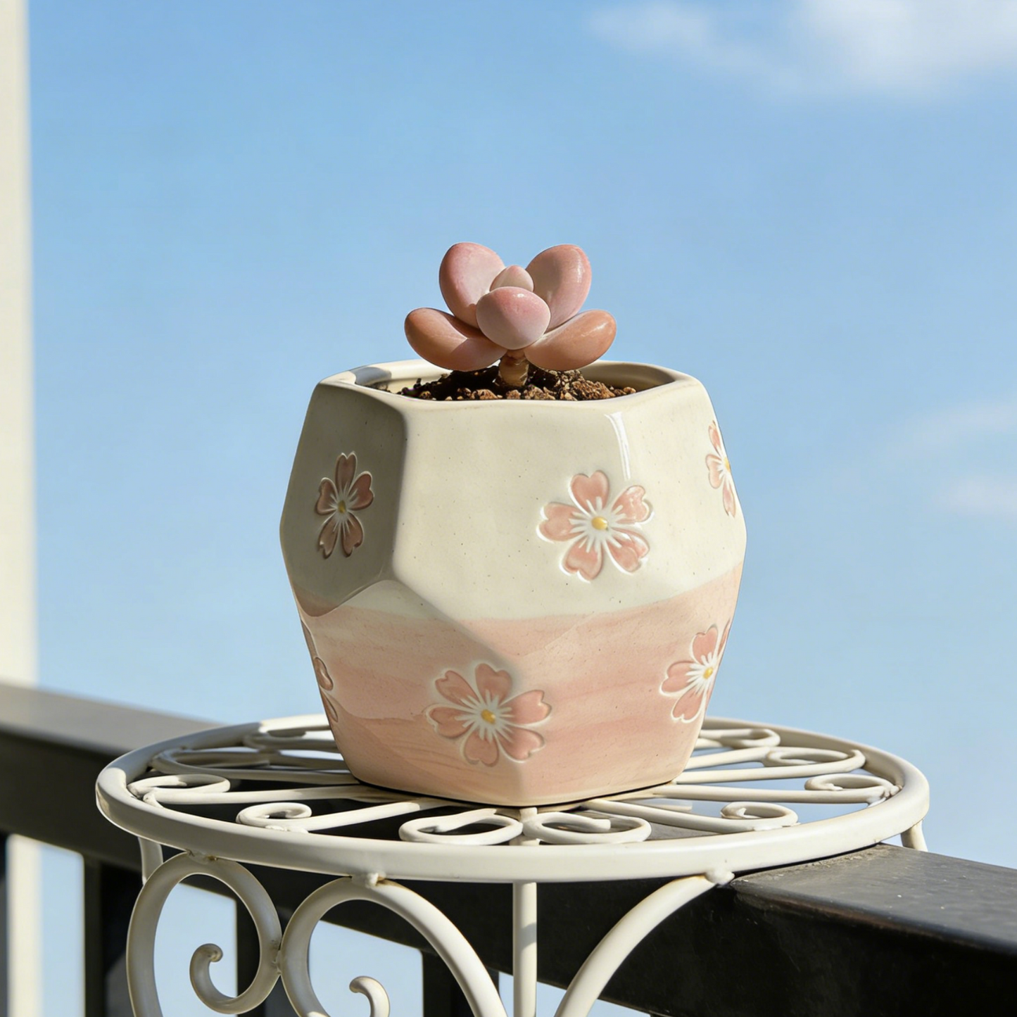 Gradient Pink Cherry Blossom Geometric Ceramic Cup - Handcrafted Sakura Pot for Home Decor