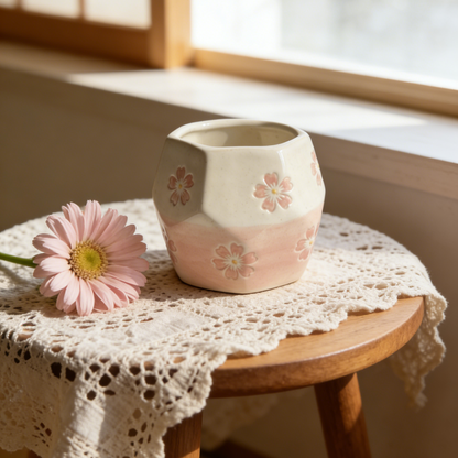 Gradient Pink Cherry Blossom Geometric Ceramic Cup - Handcrafted Sakura Pot for Home Decor