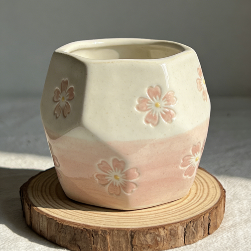 Gradient Pink Cherry Blossom Geometric Ceramic Cup - Handcrafted Sakura Pot for Home Decor