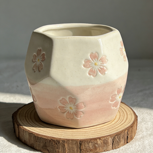 Gradient Pink Cherry Blossom Geometric Ceramic Cup - Handcrafted Sakura Pot for Home Decor