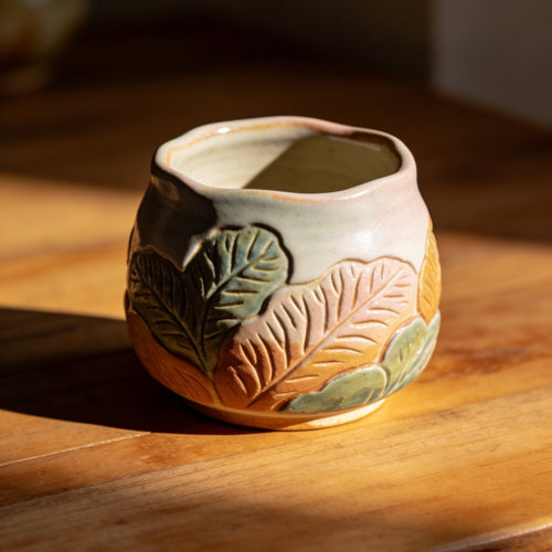 Gradient Colorful Leaf Ceramic Cup - Hand-Painted Embossed Foliage Decorative Pot