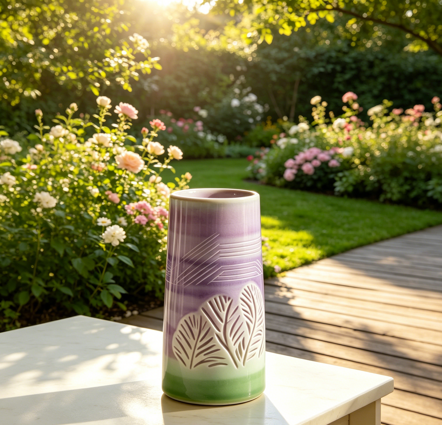 Gradient Purple-Green Embossed Ceramic Vase - Hand-Carved Leaf Pattern Modern Home Floral Vase