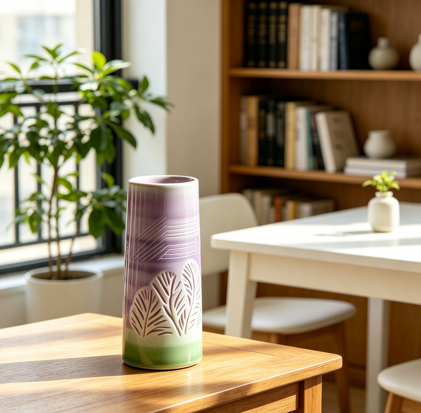 Gradient Purple-Green Embossed Ceramic Vase - Hand-Carved Leaf Pattern Modern Home Floral Vase