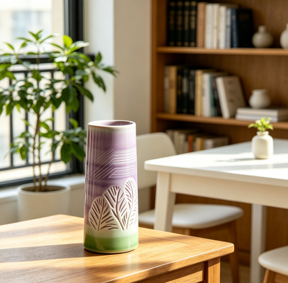 Gradient Purple-Green Embossed Ceramic Vase - Hand-Carved Leaf Pattern Modern Home Floral Vase
