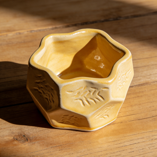 Mustard Yellow Wavy Octagonal Ceramic Bowl - Hand-Stamped Textured Decorative Dish