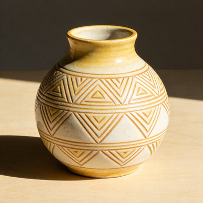 Triangle Pattern Yellow & White Ceramic Vase - Hand-Carved Geometric Bud Vase
