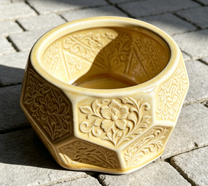Vintage Yellow Embossed Octagonal Ceramic Plant Pot - Retro Floral Relief Succulent Planter
