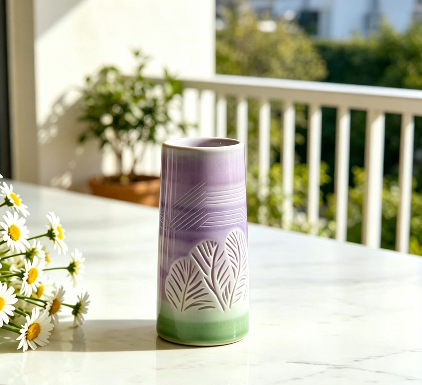 Gradient Purple-Green Embossed Ceramic Vase - Hand-Carved Leaf Pattern Modern Home Floral Vase
