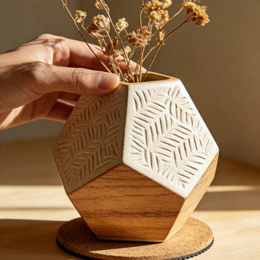 Wood & Ceramic Geometric Dried Flower Vase - Hand-Carved Herringbone Pattern Planter