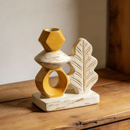 Yellow & White Geometric Leaf Candle Holder - Handcrafted Ceramic Taper Holder with Leaf Accent