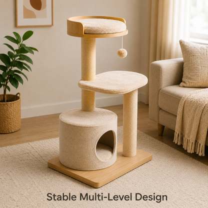 Modern Cat Tree with Soft Plush Perch, Natural Scratching Posts & Cozy Hideaway