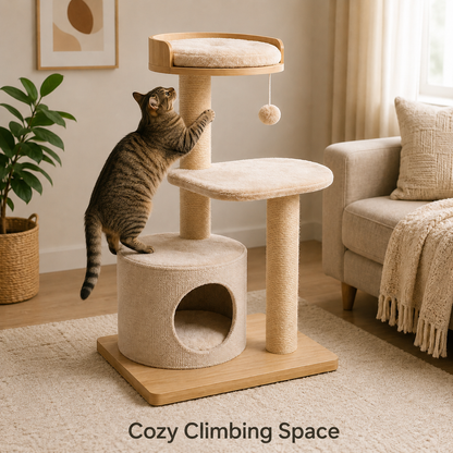 Modern Cat Tree with Soft Plush Perch, Natural Scratching Posts & Cozy Hideaway