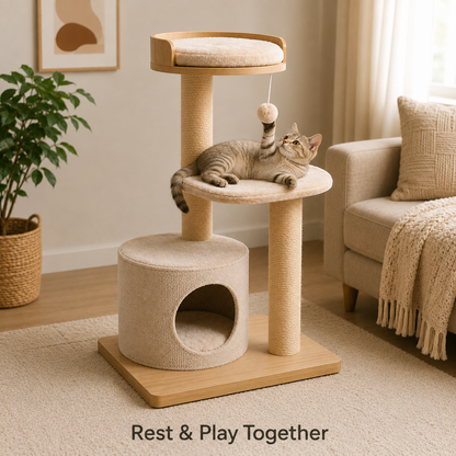 Modern Cat Tree with Soft Plush Perch, Natural Scratching Posts & Cozy Hideaway